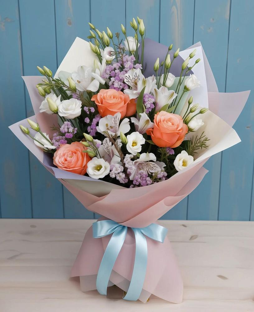 Букет цветов из: Лизиантусы, Розы, Альстромерии и Гипсофила в Новом Удмуртской республики