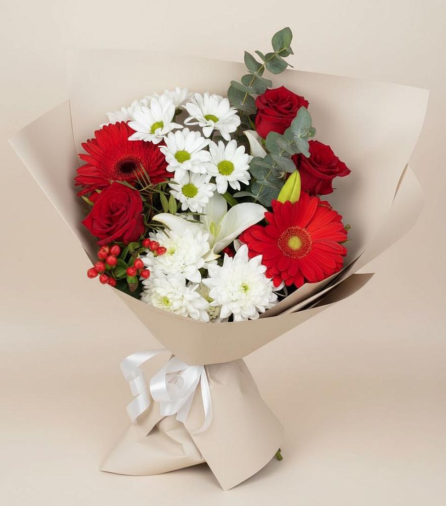 Букет цветов из: Розы, Хризантемы, Герберы и Лилии в Новом Удмуртской республики